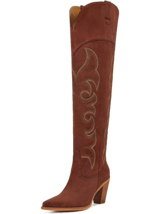 Shoes - Women's Over Knee Reddish Western Boot with Pull On Tab Chunky Heel Cowgirl Boot